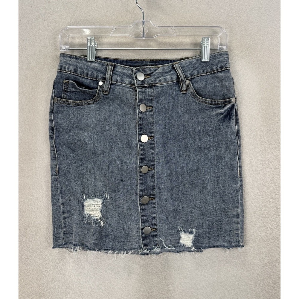 Rue 21 Denim Mini Skirt Women's Medium Button Front Distressed Raw Hem Blue Y2K